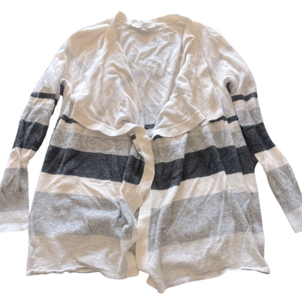 Loft Ladies Cardigan Sweater, open front, grey/white striped, size M